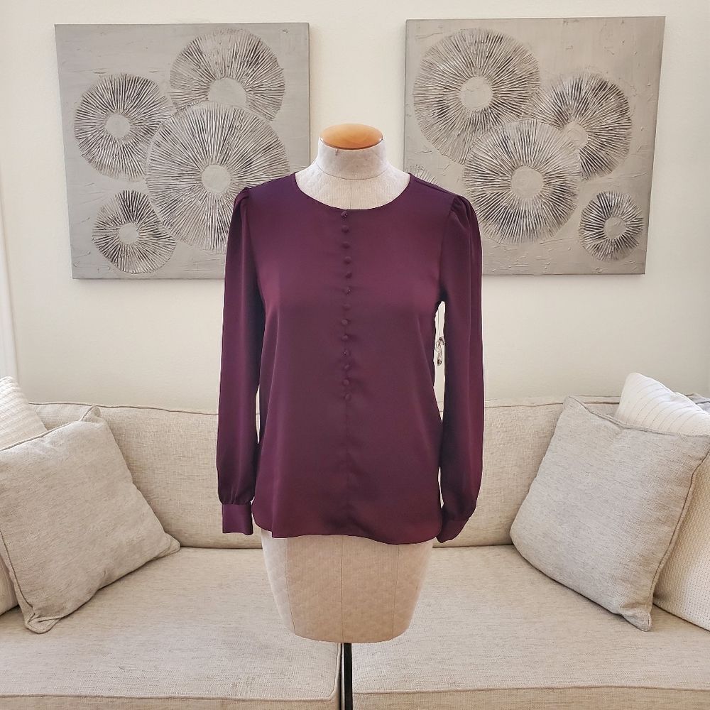 ✨ VINCE CAMUTO ✨ NEW! Puff Shoulder Hammered Satin Blouse - [XS, Wine]